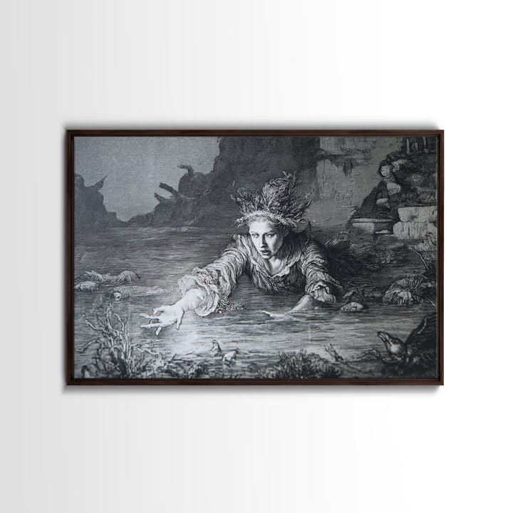 The Lake Phantom, Renaissance Engraving Art, Landscape Wall Art, Macabre Wall Art, Canvas Print, Halloween Wall Art, Halloween Decor