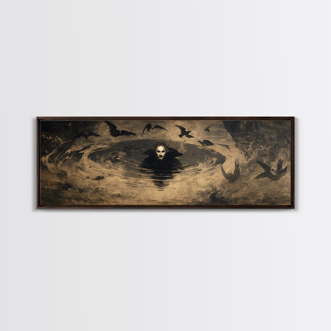 The Lake Phantom, Dark Romantic Horror Art, Extra Wide Wall Art, Macabre Wall Art, Framed Canvas Print, Halloween Wall Art