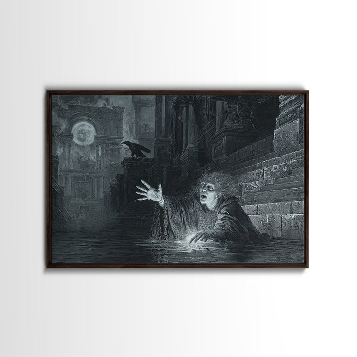 The Lake Phantom, Architectural Etching Art, Landscape Wall Art, Dark Fantasy Wall Art, Canvas Print, Halloween Wall Art