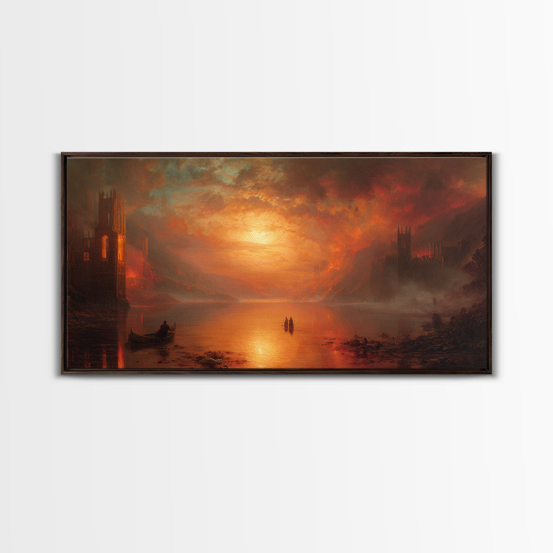 The Lake Phantom, Apocalyptic Romantic Art, Wide Panoramic Art, Gothic Horror Wall Art, Framed Canvas Print, Halloween Wall Art