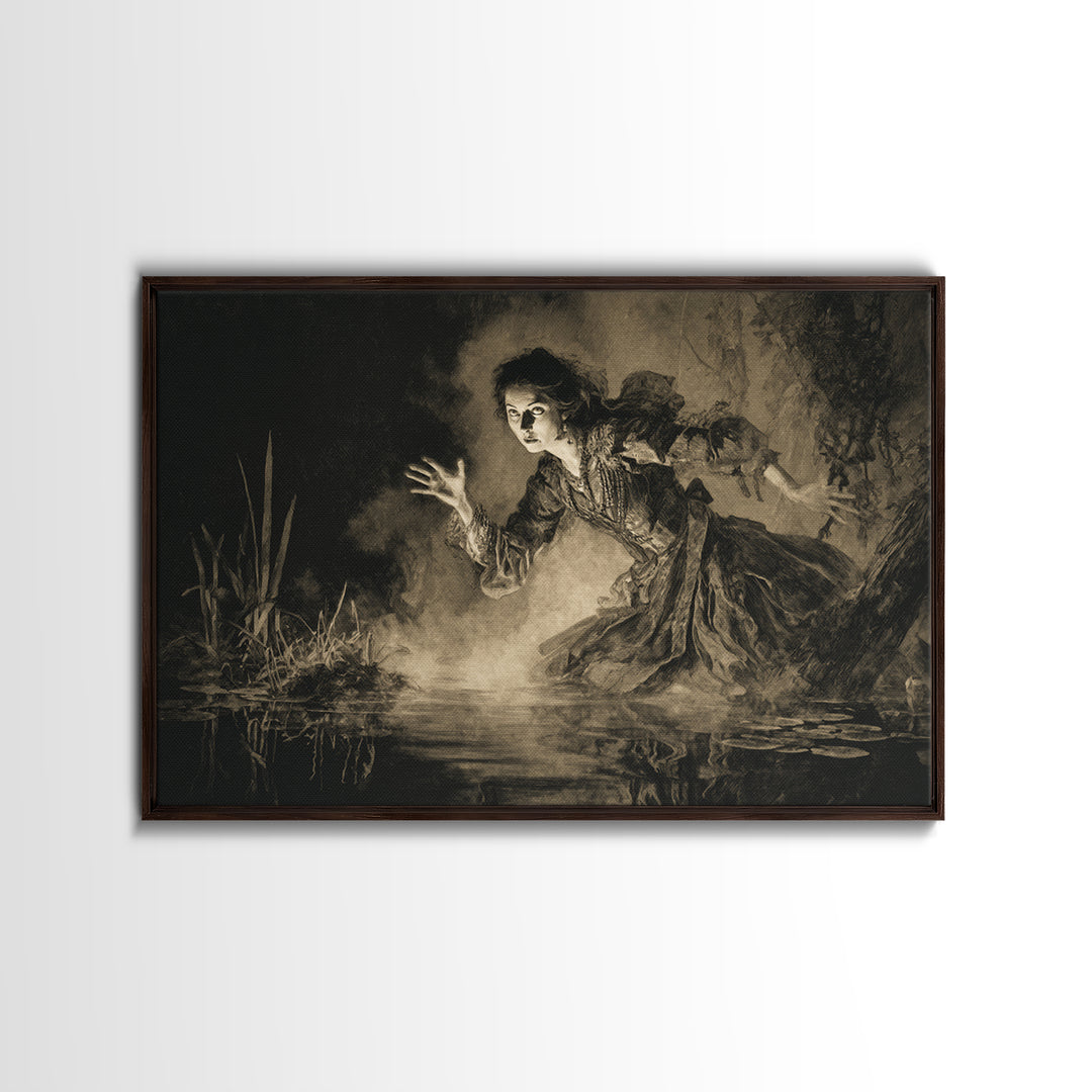 The Lake Phantom, Decadent Gothic Art, Landscape Wall Art, Dark Halloween Decor, Framed Canvas Print, Halloween Wall Art