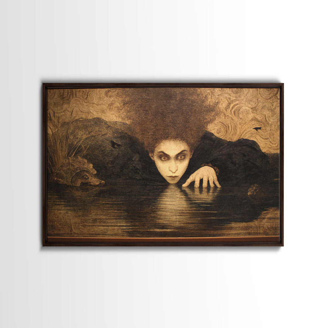 The Lake Phantom, Dark Symbolist Art, Landscape Wall Art, Gothic Horror Wall Art, Framed Canvas Print, Halloween Wall Art
