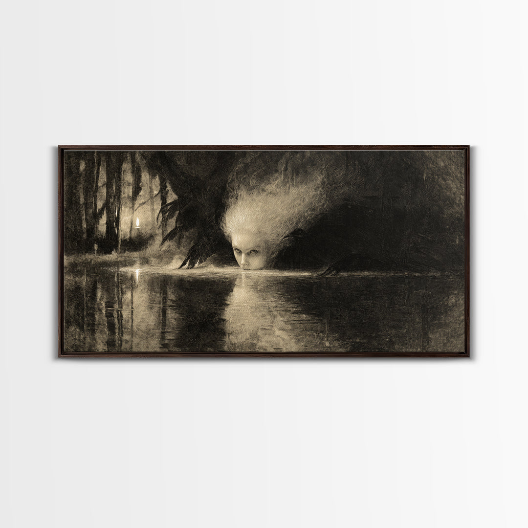 The Lake Phantom, Expressionist Nightmare Art, Wide Panoramic Art, Macabre Wall Art, Canvas Print, Halloween Wall Art, Halloween Decor