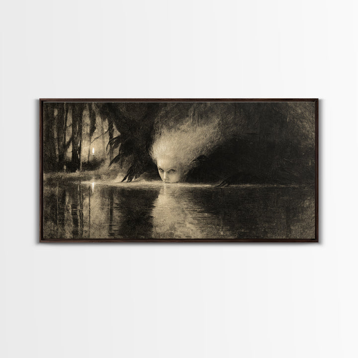 The Lake Phantom, Expressionist Nightmare Art, Wide Panoramic Art, Macabre Wall Art, Canvas Print, Halloween Wall Art, Halloween Decor