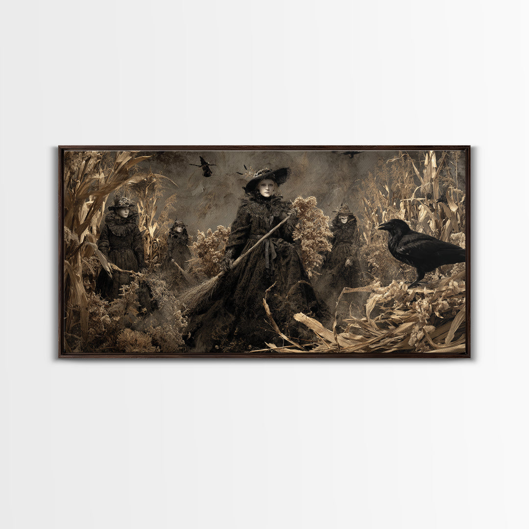 The Salt-Marsh Witch, Northern Renaissance Horror, Wide Panoramic Art, Macabre Wall Art, Framed Canvas Print, Halloween Wall Art