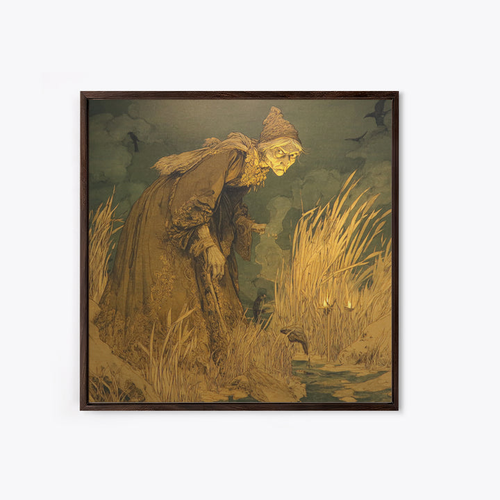The Salt-Marsh Witch, Symbolist Etching Art, Square Wall Art, Dark Halloween Decor, Framed Canvas Print, Halloween Wall Art