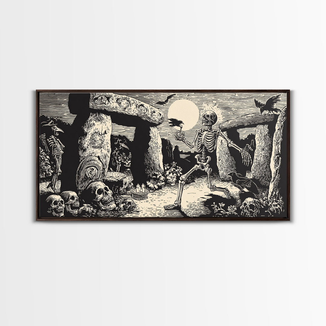 The Stone-Circle Spirit, Macabre Folk Print Art, Wide Panoramic Art, Gothic Horror Wall Art, Framed Canvas Print