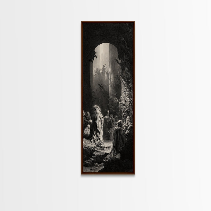 The Cave Oracle, Gothic Engraving Art, Tall Narrow Wall Art, Dark Halloween Decor, Framed Canvas Print, Halloween Wall Art