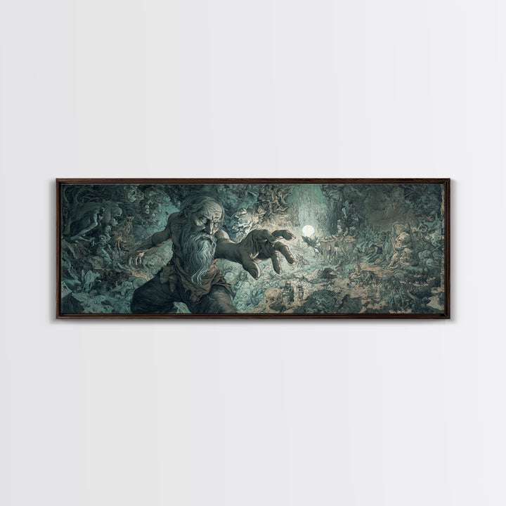 The Cave Oracle, Medieval Grotesque Art, Extra Wide Wall Art, Dark Halloween Decor, Framed Canvas Print, Halloween Wall Art