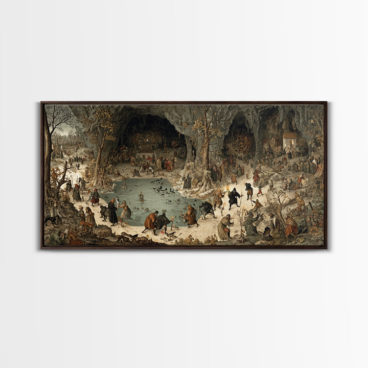 The Cave Oracle, Northern Renaissance Horror, Wide Panoramic Art, Gothic Horror Wall Art, Framed Canvas Print, Halloween Wall Art