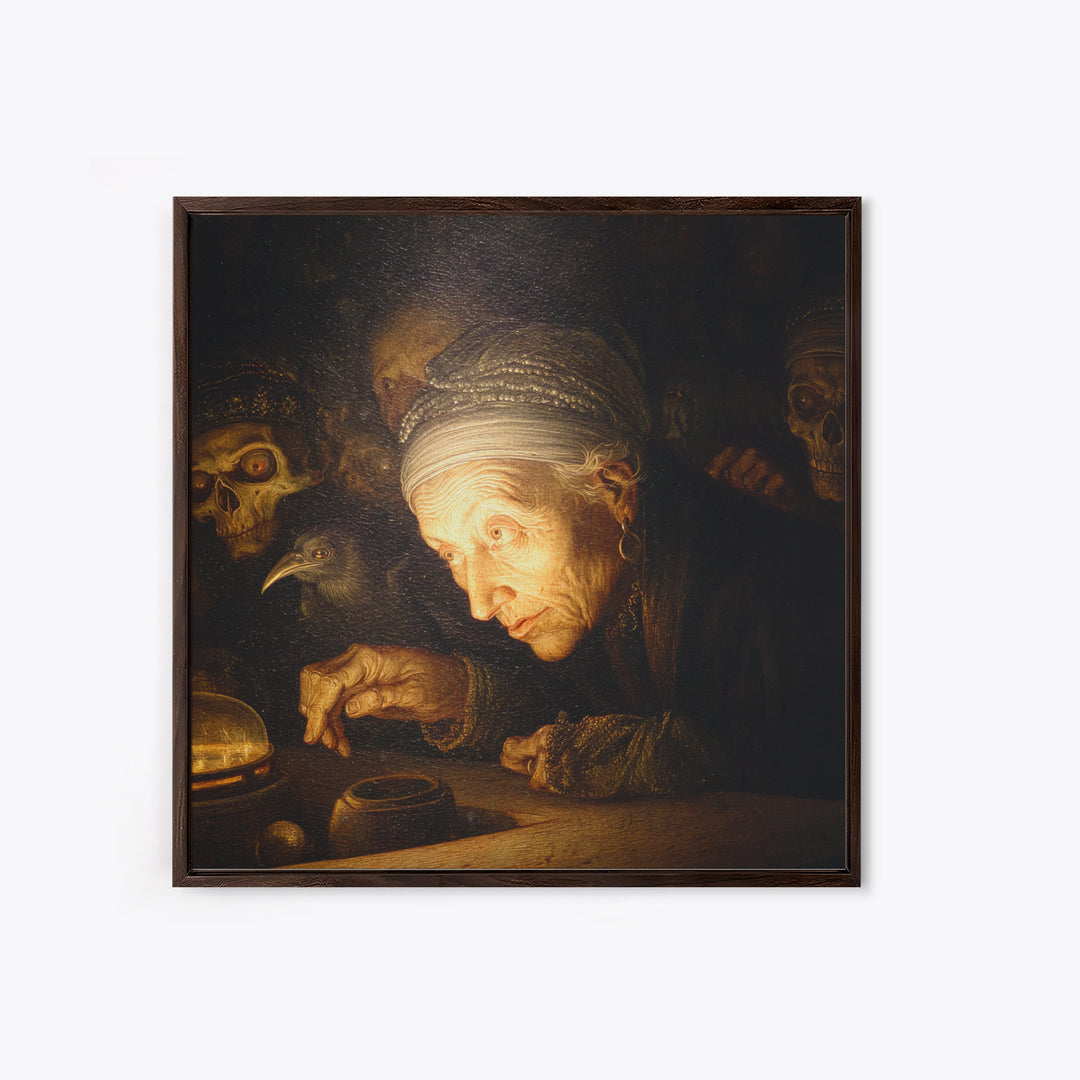 The Cave Oracle, Danse Macabre Art, Square Wall Art, Macabre Wall Art, Framed Canvas Print, Halloween Wall Art
