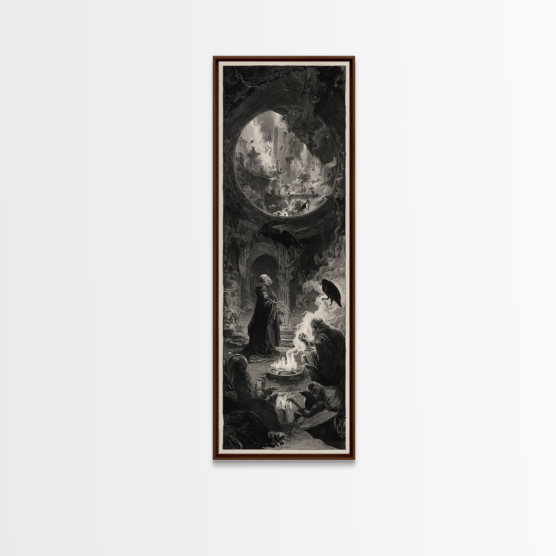 The Cave Oracle, Architectural Etching Art, Tall Narrow Wall Art, Dark Halloween Decor, Framed Canvas Print, Dark Fantasy Art