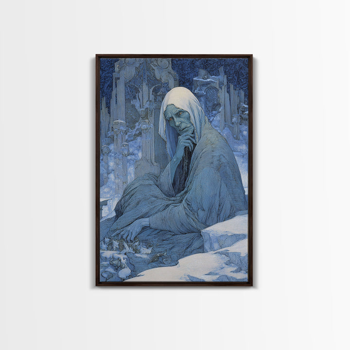 The Cave Oracle, Symbolist Death Art, Vertical Wall Art, Dark Fantasy Wall Art, Framed Canvas Print, Halloween Wall Art