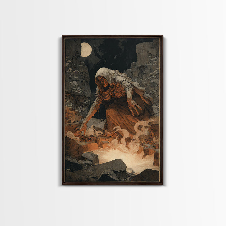 The Cave Oracle, Symbolist Etching Art, Vertical Wall Art, Dark Halloween Decor, Framed Canvas Print, Halloween Wall Art