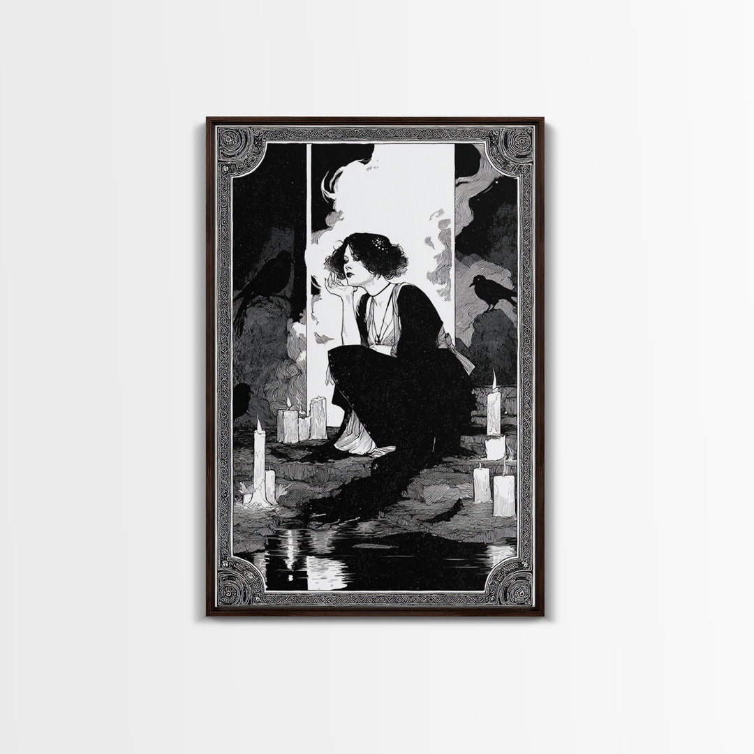 The Cave Oracle, Decadent Line Art, Vertical Wall Art, Gothic Horror Wall Art, Canvas Print, Halloween Wall Art