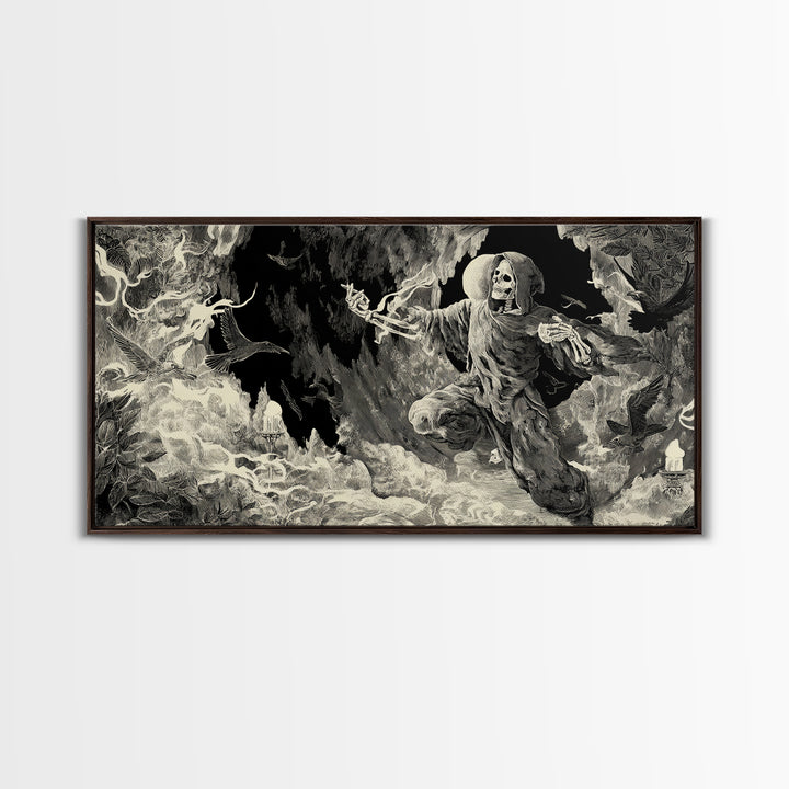 The Cave Oracle, Macabre Folk Print Art, Wide Panoramic Art, Dark Fantasy Wall Art, Framed Canvas Print, Halloween Wall Art