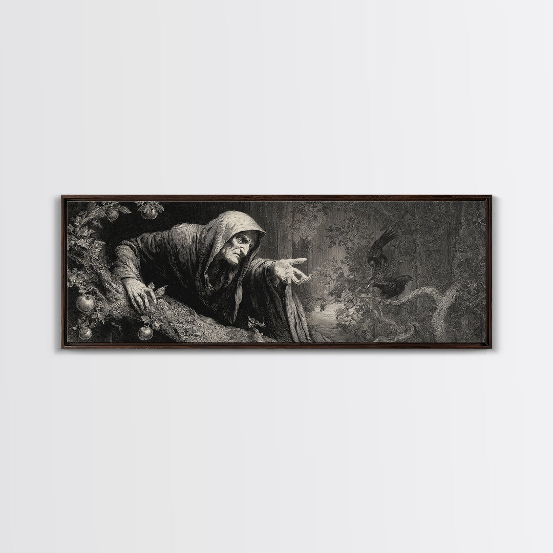The Orchard Hag, Gothic Engraving Art, Extra Wide Wall Art, Gothic Horror Wall Art, Framed Canvas Print, Halloween Wall Art