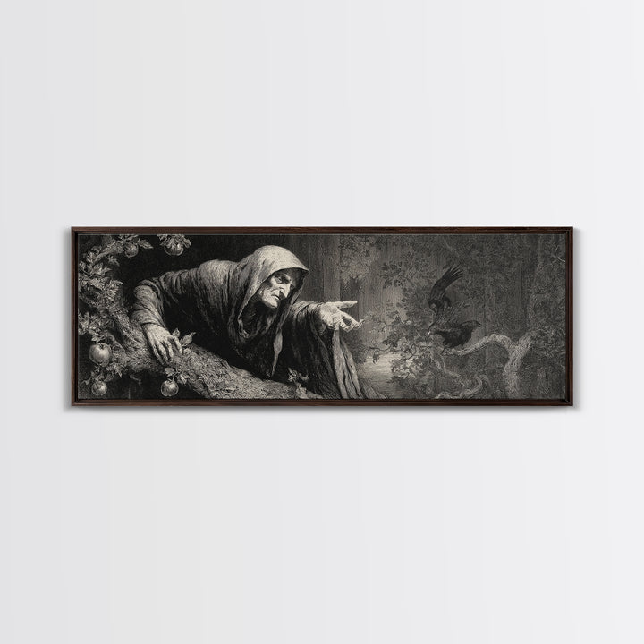 The Orchard Hag, Gothic Engraving Art, Extra Wide Wall Art, Gothic Horror Wall Art, Framed Canvas Print, Halloween Wall Art