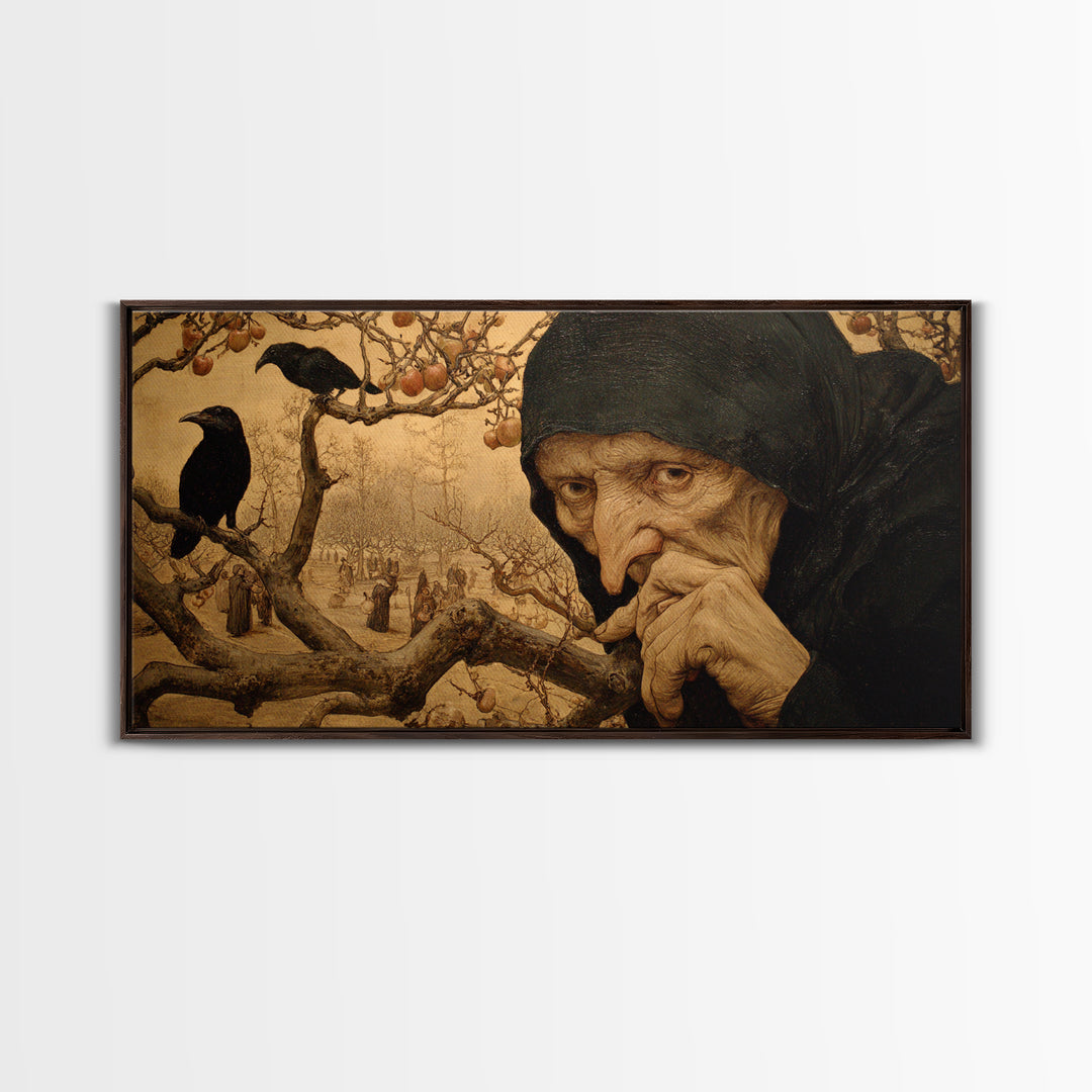The Orchard Hag, Northern Renaissance Horror, Wide Panoramic Art, Macabre Wall Art, Canvas Print, Halloween Wall Art