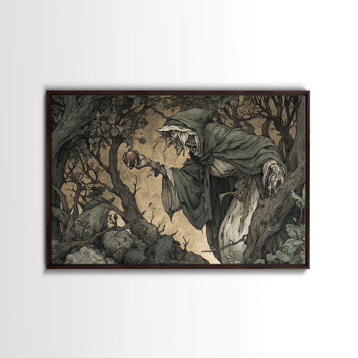 The Orchard Hag, Gothic Storybook Art, Landscape Wall Art, Dark Halloween Decor, Framed Canvas Print, Halloween Wall Art
