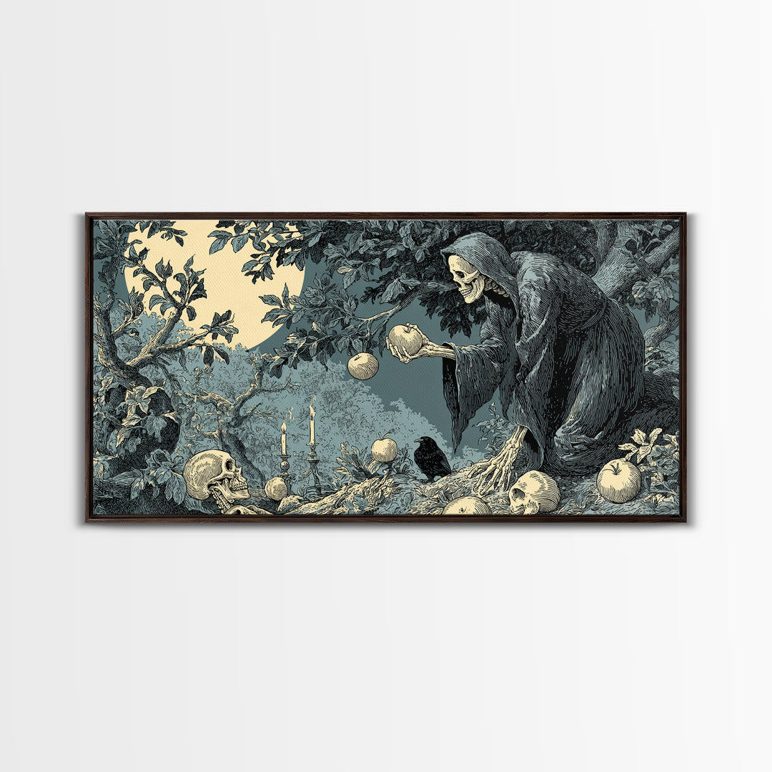 The Orchard Hag, Macabre Folk Print Art, Wide Panoramic Art, Macabre Wall Art, Canvas Print, Halloween Wall Art
