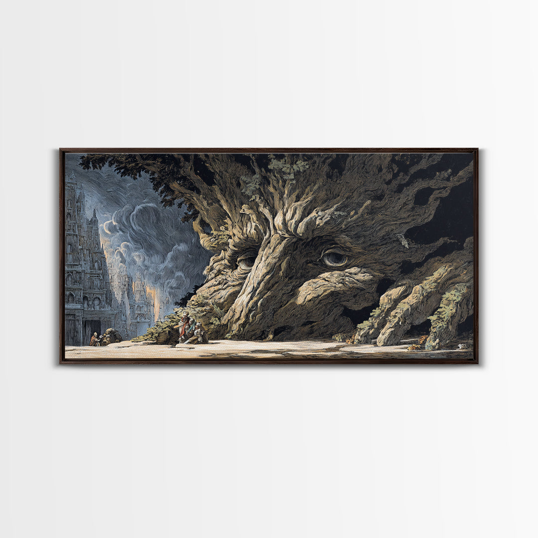 The Hollow-Tree Monster, Apocalyptic Romantic Art, Wide Panoramic Art, Dark Fantasy Wall Art, Framed Canvas Print, Halloween Wall Art
