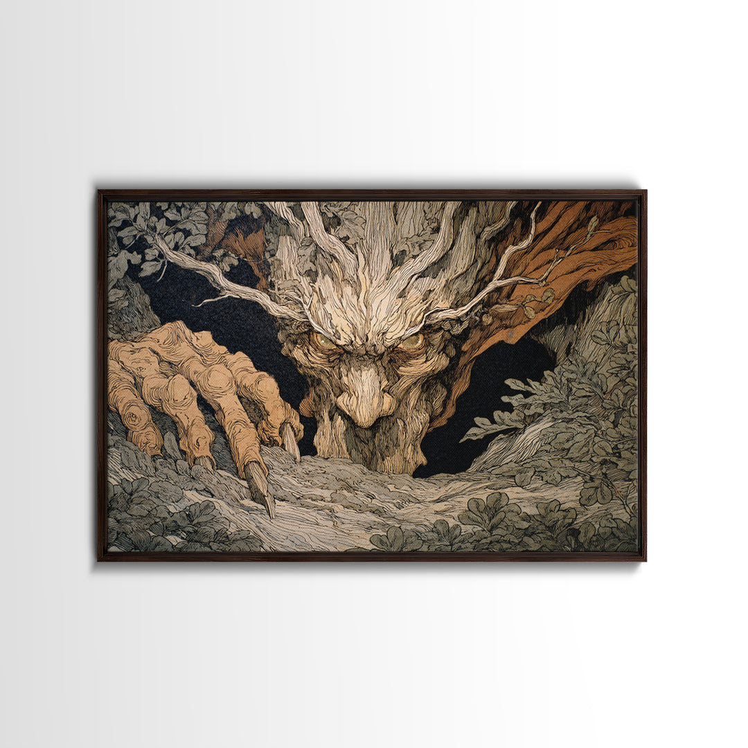 The Hollow-Tree Monster, Gothic Storybook Art, Landscape Wall Art, Dark Halloween Decor, Framed Canvas Print, Halloween Wall Art