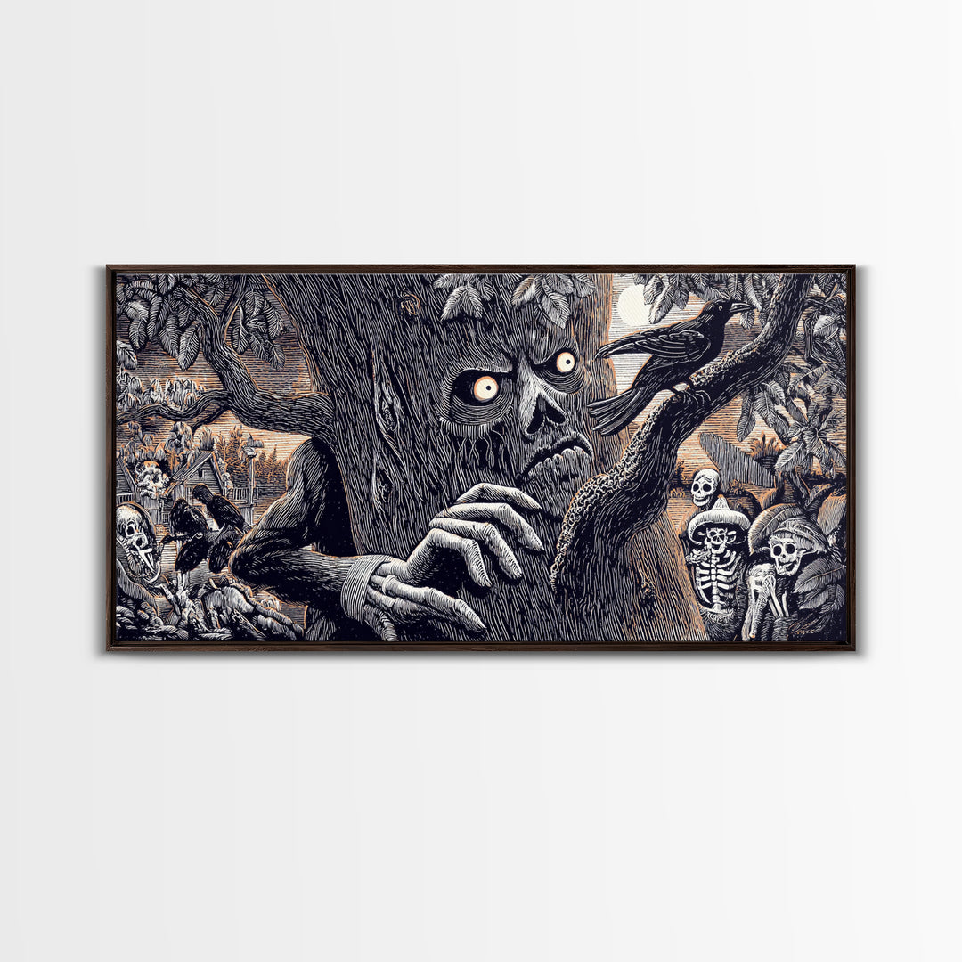 The Hollow-Tree Monster, Macabre Folk Print Art, Wide Panoramic Art, Macabre Wall Art, Framed Canvas Print, Halloween Wall Art