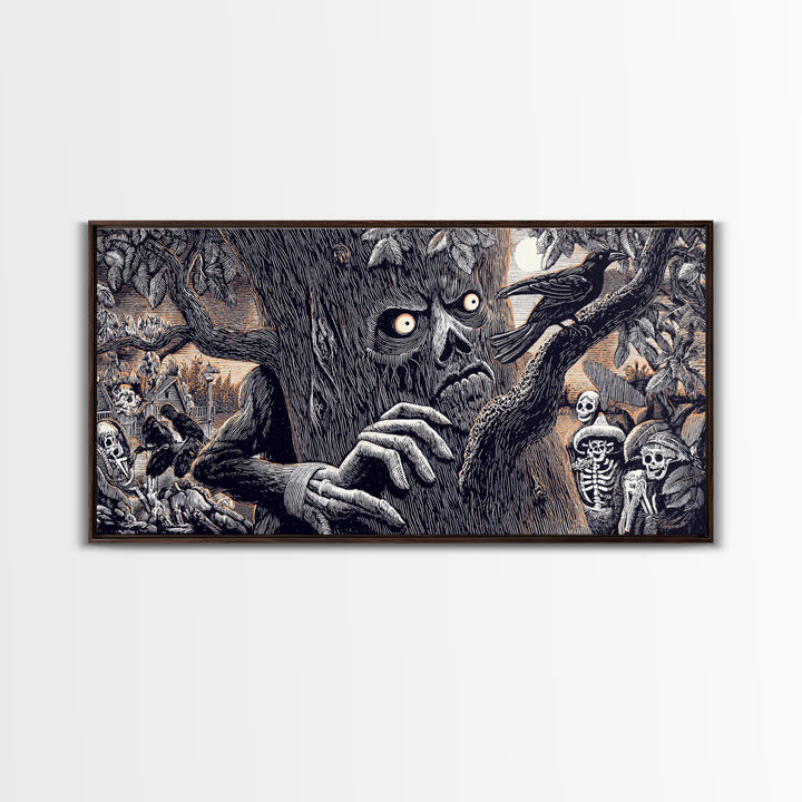 The Hollow-Tree Monster, Macabre Folk Print Art, Wide Panoramic Art, Macabre Wall Art, Framed Canvas Print, Halloween Wall Art