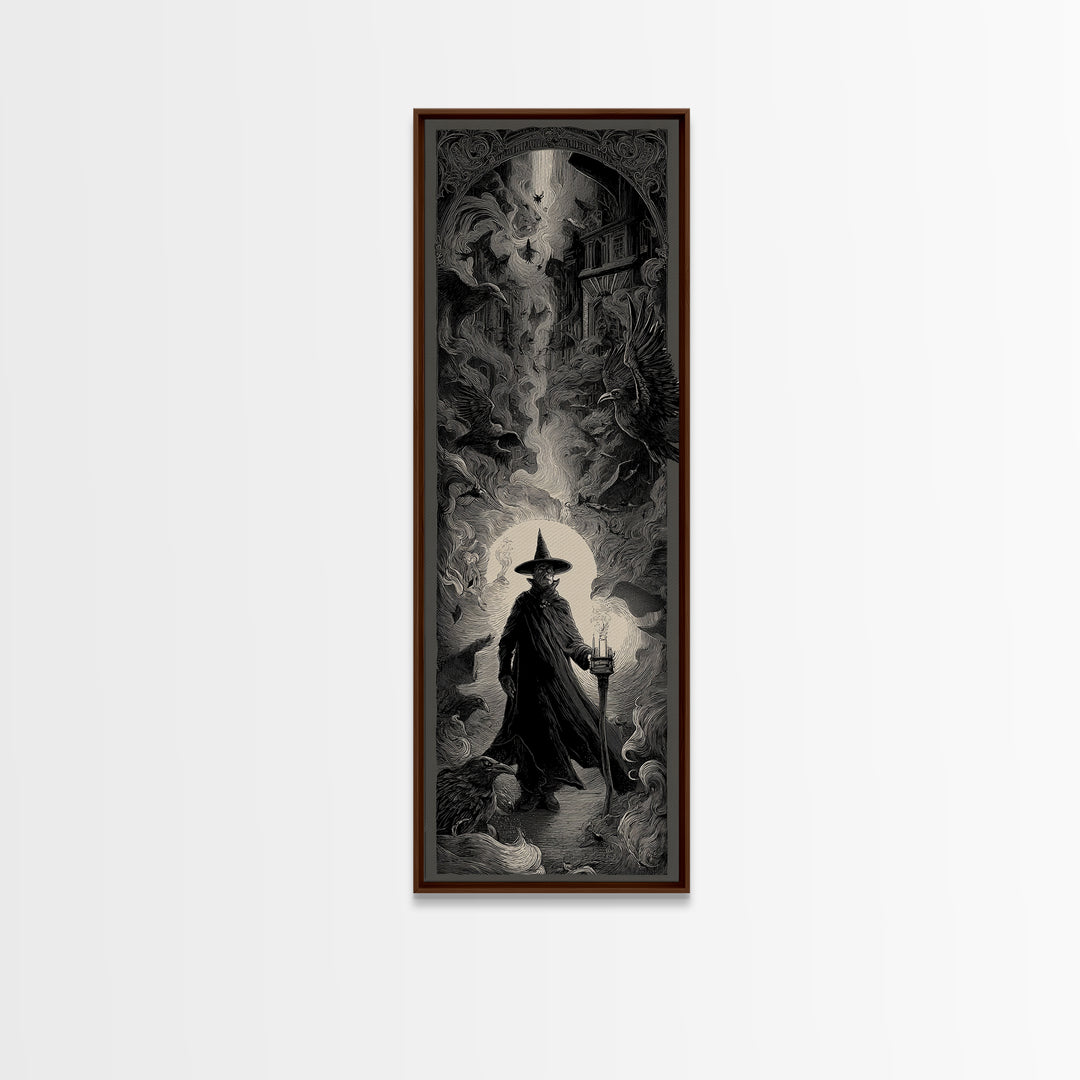 The Crossroads Spirit, Gothic Engraving Art, Tall Narrow Wall Art, Dark Halloween Decor, Framed Canvas Print, Halloween Wall Art