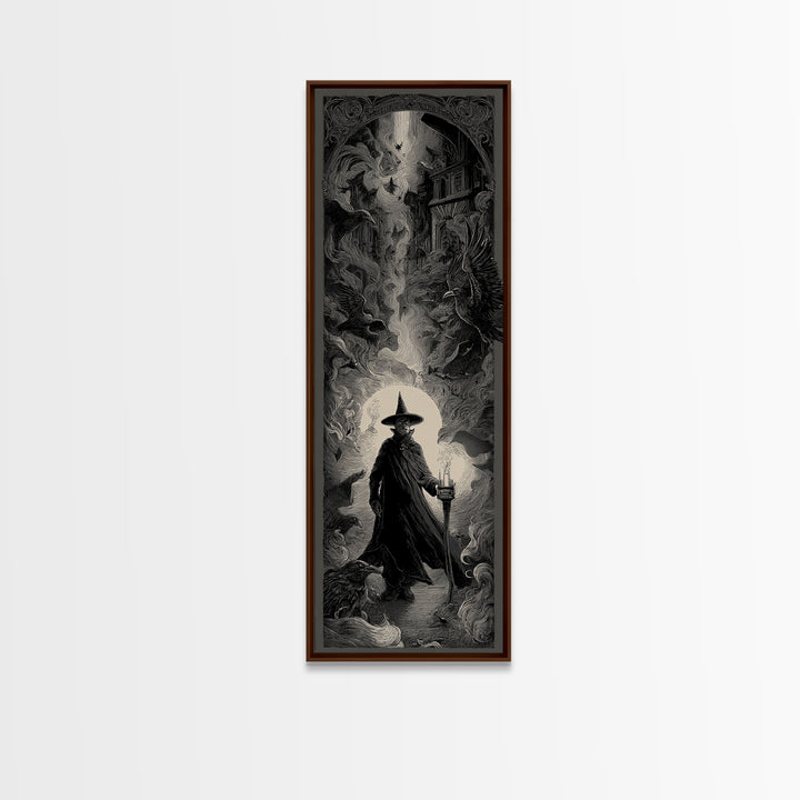 The Crossroads Spirit, Gothic Engraving Art, Tall Narrow Wall Art, Dark Halloween Decor, Framed Canvas Print, Halloween Wall Art