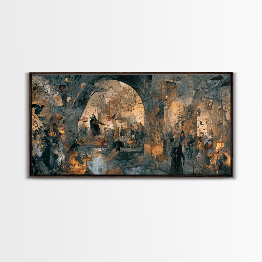 The Crossroads Spirit, Northern Renaissance Horror, Wide Panoramic Art, Macabre Wall Art, Framed Canvas Print, Halloween Wall Art