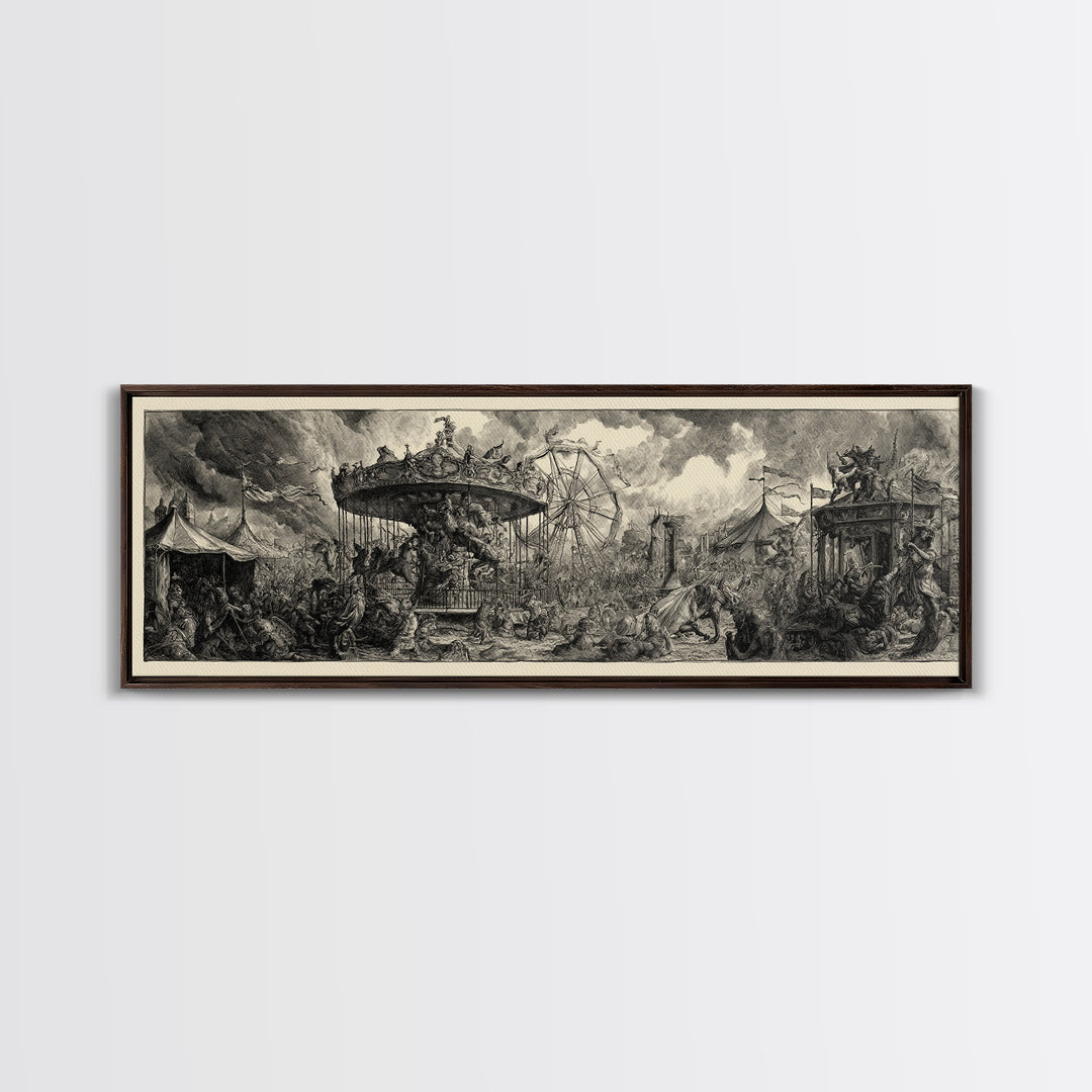 The Abandoned Carnival, Renaissance Engraving Art, Extra Wide Wall Art, Dark Fantasy Wall Art, Canvas Print, Halloween Wall Art