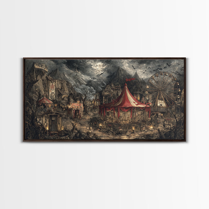 The Abandoned Carnival, Baroque Witchcraft Art, Wide Panoramic Art, Dark Fantasy Wall Art, Framed Canvas Print, Halloween Wall Art