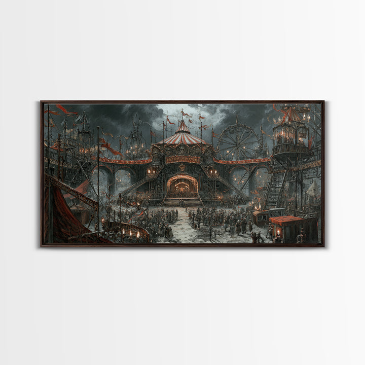 The Abandoned Carnival, Architectural Etching Art, Wide Panoramic Art, Macabre Wall Art, Framed Canvas Print