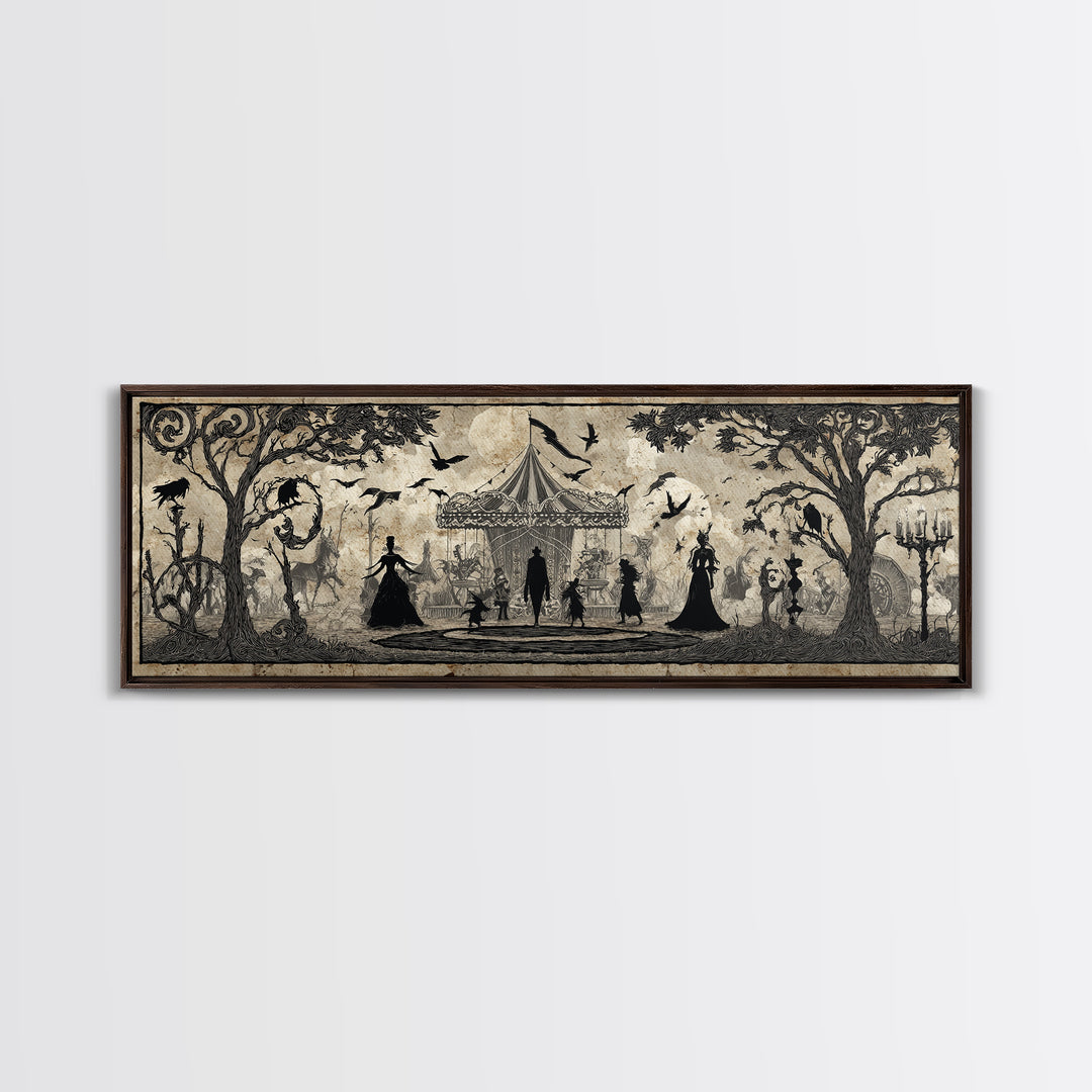The Abandoned Carnival, Decadent Line Art, Extra Wide Wall Art, Dark Fantasy Wall Art, Framed Canvas Print, Halloween Wall Art