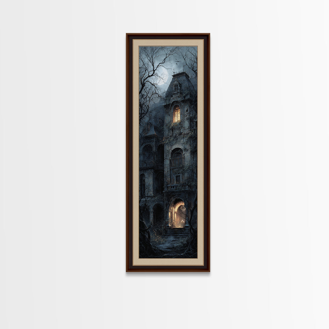 The Haunted Manor, Gothic Engraving Art, Tall Narrow Wall Art, Macabre Wall Art, Framed Canvas Print, Halloween Wall Art