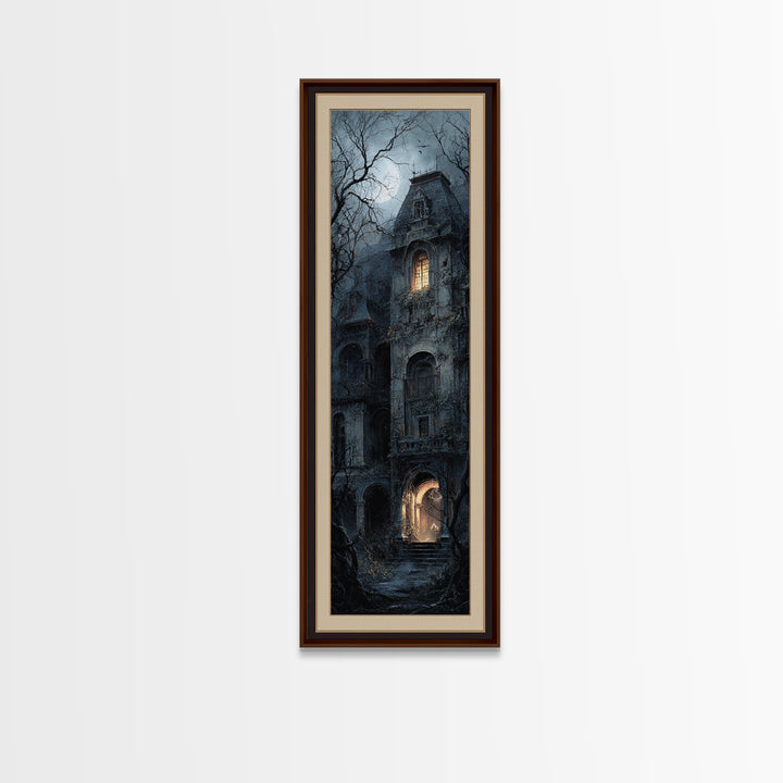 The Haunted Manor, Gothic Engraving Art, Tall Narrow Wall Art, Macabre Wall Art, Framed Canvas Print, Halloween Wall Art