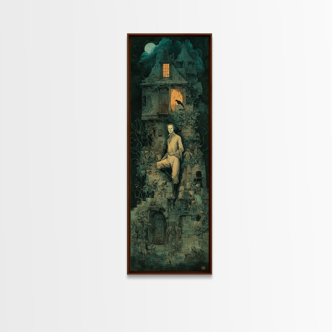 The Haunted Manor, Medieval Grotesque Art, Tall Narrow Wall Art, Dark Halloween Decor, Framed Canvas Print, Halloween Wall Art
