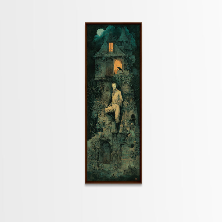 The Haunted Manor, Medieval Grotesque Art, Tall Narrow Wall Art, Dark Halloween Decor, Framed Canvas Print, Halloween Wall Art