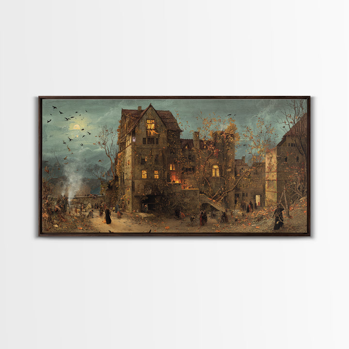 The Haunted Manor, Northern Renaissance Horror, Wide Panoramic Art, Dark Halloween Decor, Canvas Print, Halloween Wall Art