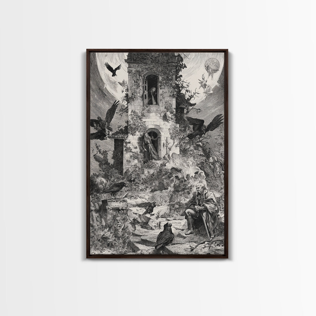 The Haunted Manor, Renaissance Engraving Art, Vertical Wall Art, Macabre Wall Art, Canvas Print, Halloween Wall Art, Spooky Wall Decor