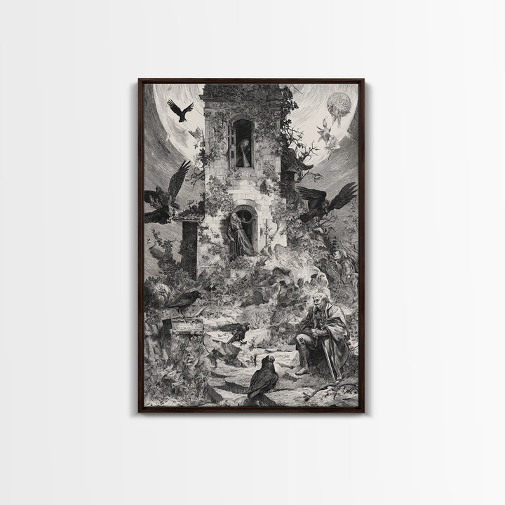 The Haunted Manor, Renaissance Engraving Art, Vertical Wall Art, Macabre Wall Art, Canvas Print, Halloween Wall Art, Spooky Wall Decor