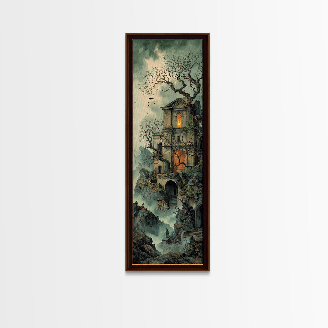 The Haunted Manor, Baroque Witchcraft Art, Tall Narrow Wall Art, Macabre Wall Art, Framed Canvas Print, Halloween Wall Art
