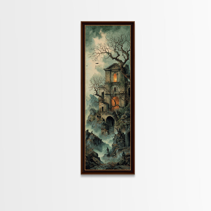 The Haunted Manor, Baroque Witchcraft Art, Tall Narrow Wall Art, Macabre Wall Art, Framed Canvas Print, Halloween Wall Art