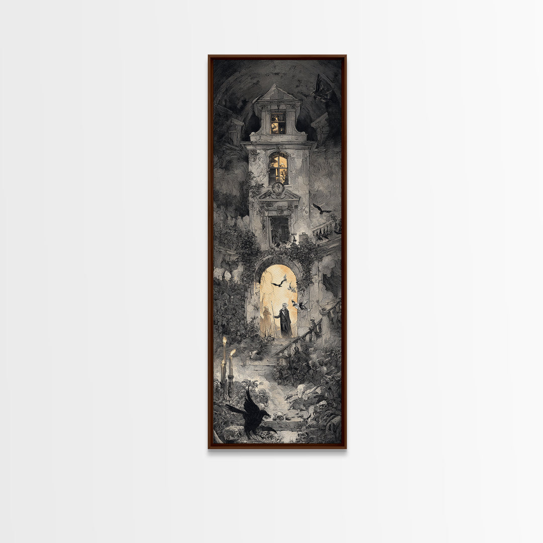 The Haunted Manor, Architectural Etching Art, Tall Narrow Wall Art, Dark Fantasy Wall Art, Canvas Print, Halloween Wall Art