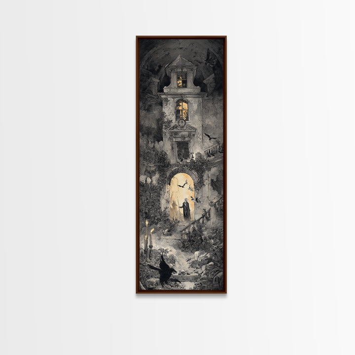The Haunted Manor, Architectural Etching Art, Tall Narrow Wall Art, Dark Fantasy Wall Art, Canvas Print, Halloween Wall Art