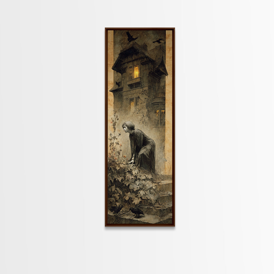 The Haunted Manor, Symbolist Dream Art, Tall Narrow Wall Art, Gothic Horror Wall Art, Canvas Print, Halloween Wall Art