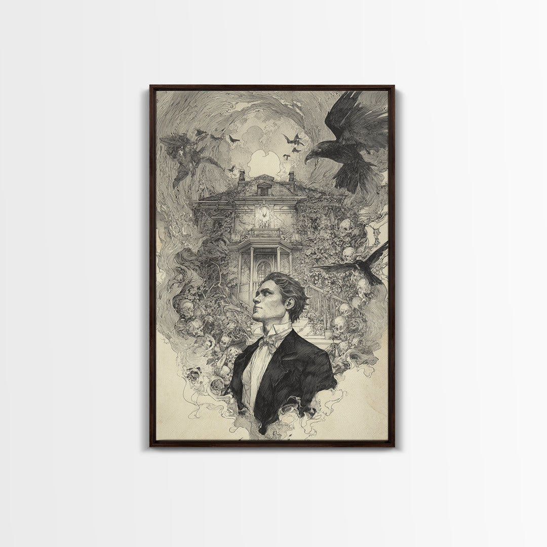 The Haunted Manor, Decadent Gothic Art, Vertical Wall Art, Macabre Wall Art, Framed Canvas Print, Halloween Wall Art
