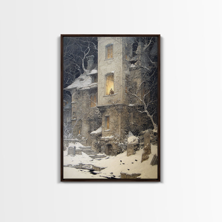 The Haunted Manor, Symbolist Death Art, Vertical Wall Art, Dark Fantasy Wall Art, Canvas Print, Halloween Wall Art